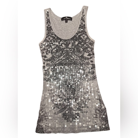 Almost Famous Gray Print Sequin Ribbed Tank Top Size S - Picture 1 of 7